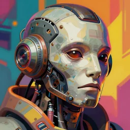detailed and vibrant color character concept art portrait of a detailed and hi - tech diesel punk robot ’ s face, depth of field background, artstation, award - winning realistic sci - fi concept art by greg rutkowski and yoshitaka amano, in the style of james gurney, flat pop color surrealist illustration.