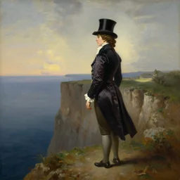 a woman costumed in top hat and silk tailcoat looking at the horizon from the top of a cliff, atmospheric depth, painting