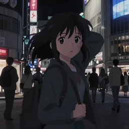 anime visual, dark portrait of a young female traveler in shibuya at night shopping, very low light, cute face by ilya kuvshinov, yoh yoshinari, makoto shinkai, dynamic pose, dynamic perspective, cel shaded, flat shading mucha, rounded eyes, moody, detailed facial features, psycho pass
