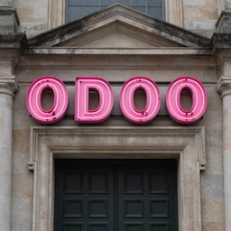 A pink neon sign with rounded lowercase letters O, D, O, O above the front door of a cathedral