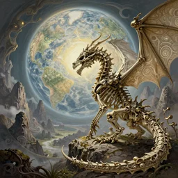 skeleton dragon watching the world underneath, mountains, d & d, fantasy, intricate, elegant, highly detailed, digital painting, artstation, concept art, smooth, sharp focus, illustration, art by artgerm and dragolisco and alphonse mucha and dragolisco