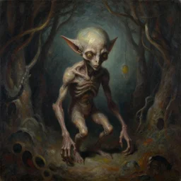 ' a surreal painting of a small, twisted, demented creature from another world, an inner sanctum of knowledge, mystery, and mysticism.'by william higginson, kopera, anton fedeev