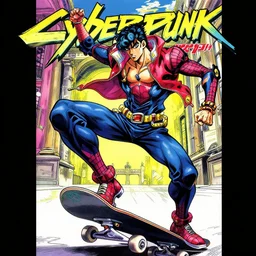 Anime key visual of Cyberpunk ninja Spider-Man in a colorful blue and scarlet suit, wearing a scarlet hoodie, riding a skateboard in Berlin, official media drawn by Hirohiko Araki, anime magazine cover, manga cover, in the style of JOJO’s bizarre adventure, Hirohiko Araki artwork, skateboarding photo