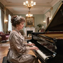 interior of a beautiful an mid century british mansion hall, fully furnished, soft lighting, close up of an elegant victorian lady playing a grand piano at the hall. ultra realistic, ultra detailed, cinematic composition and lighting