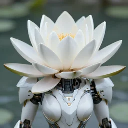 futuristic nymphaea themed mecha waterlily upper body, petals forming helmet, highly detailed, nymphaea, 8 k hd resolution, barbatos gundam with floral inlay, bandai box art, star wars, makoto kobayashi, frank gehry, raymond swanland
