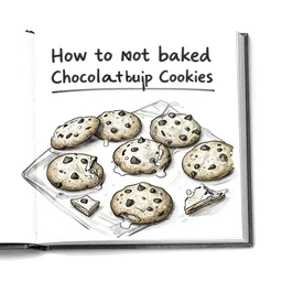 book illustration of how to not bake chocolate chip cookies, book illustration, monochromatic, white background, black and white image