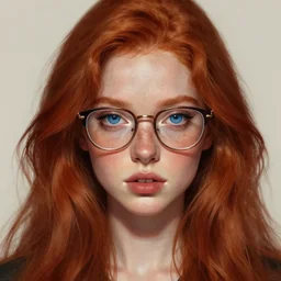 beautiful young woman, blue eyes, long red hair, freckles, glasses, digital painting, extremely detailed, 4k, intricate, brush strokes, Mark Arian, Artgerm, Bastien Lecouffe-Deharme