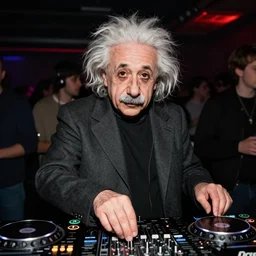A photograph of Albert Einstein DJ at a nightclub