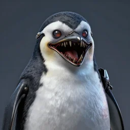 mecha anthropomorphic penguin, horror, sharp teeth, metalic, glowing eyes, unreal engine, CGI, HD 4K, John Singer Sargent, thomas kinkade