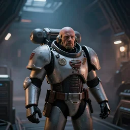 Portrait of Space Marine in ship, bokeh, darkness interior of the spaceship background, inspired by Ridley Scott, Warhammer, octane render, HD, volumetric lighting, mist, twilight, high details