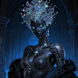 portrait of an absurdly beautiful, graceful, sophisticated, fashionable cyberpunk mechanoid gravure idol, hyperdetailed illustration by irakli nadar, adut akech, matt wisniewski style, intricate linework, dark black skin, iridescent fractal headdress, day - glow facepaint, unreal engine 5 highly rendered, global illumination, blue light, detailed and intricate environment