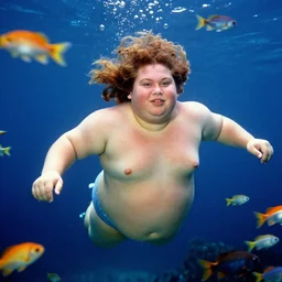 a colorful portrait photograph of fat divine underwater swimming around the many fishes, 1 9 9 0 s, taken by martin parr, saturated colour photo, high definition, 8 k