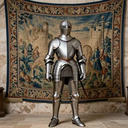 a valiant female knight in full armor | colorful | tapestries | Hyacinthe Rigaud | stone castle