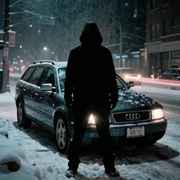 Audi A4 B6 Avant (2002), a gritty neo-noir, dramatic lighting, cinematic, eerie person silhouette, death, homicide, homicide in the snow, gunshots, establishing shot, extremely high detail, photorealistic, cinematic lighting, artstation, by simon stalenhag, Max Payne (PC) (2001) winter new york at night, flashing lights, Poets of the Fall - Late Goodbye