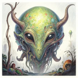 a beautifully and highly detailed illustration of a strange alien world by Daniel Merriam|Henri Rousseau:.5|Graphic Novel, Visual Novel, Colored Pencil, Comic Book:.6