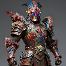 fantasy art hyper ultra 4 k photo of a bizarre metal colorful armor warrior red blue black glowing eyes mask made of ceramic clay feather trim intricately spectacular magnificently story carved by a master engraver by h. r. giger