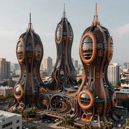 organic inner - city filled with generative design innovative survival pod buildings, biomechanical design, black and orange colour palette, generative design structure, intricate details, archviz