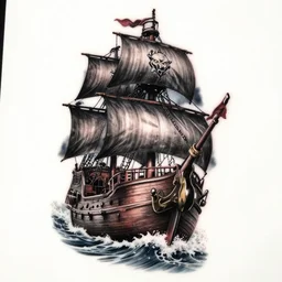 A magical pirate ship tattoo design on white background, hyper realistic shaded tattoo, award winning tattoo
