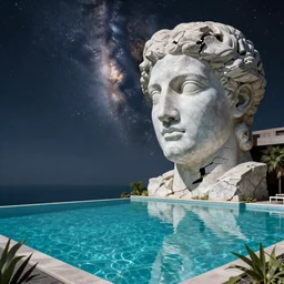 Filip Hodas, minimalistic, hyperrealistic surrealism, award winning masterpiece with incredible details, epic stunning, infinity pool, a surreal vaporwave liminal space, highly detailed, trending on ArtStation, artgerm and greg rutkowski and alphonse mucha, daily deviation, IAMAG, broken giant marble head statue ruins, nightscape, milkyway