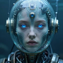biopunk cyborg portrait by julie bell, intricate biopunk patterns, mesmerizing blue eyes, glass bubble helmet, underwater, detailed!, very sharp!!!