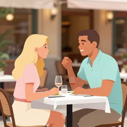 italian restaurant, couple having dinner in love, sitting by a table outside, girl is blonde in pastel colors, man has brown hair, galata tower is in background , mood is very romantic, high details, full moon, minimalistic illustration