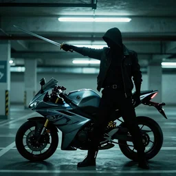 blade runner movie action still of a silhouetted yakuza holding out a long katana, in an underground parking lot, with a yamaha motorcycle, rack focus, close establishing shot, monochromatic teal, dark teal lighting, soft dramatic lighting, 4 k digital camera