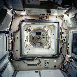 interior shot of a space station, analog photography, many wires, highly complicated