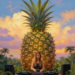 closeup, giant pineapple head, girl in djungle, surreal photography, golden hour, colorful clouds, impressionist painting, digital painting, artstation, simon stalenhag