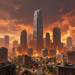 post apocalyptic city with burning sky on fire