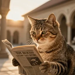 a beautiful ultradetailed fine art vintage photo of cat reading a newspaper in a monastery, by tom bagshaw and zach sutton, backlight, 5 0 mm lens, closeup shot, bokeh, golden ratio composition, sunset golden hour hues, very detailed, artstation, 8 k, highly coherent