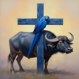 painting of cross between blue macaw & water buffalo, intercrossed animal, by zdzislaw beksinski, by tiffany bozic, cold hue's, warm tone gradient background, concept art, beautiful composition, digital painting,