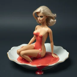 realistic photo of a barbie body melting on a porcelain dish