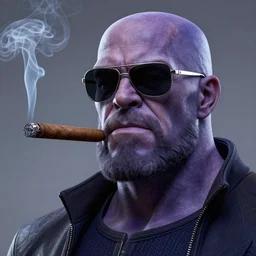 thanos smoking a cigar,wearing sunglasses,digital art,ultra realistic,ultra detailed,art by greg rutkowski,dramatic,cinematic lighting,gray background,detailed face