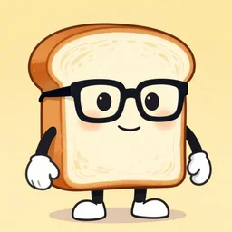 anthropomorphic bread toast character, with black eyeglasses