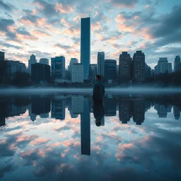 a person sees himself reflected in a lake in a city where dreams live