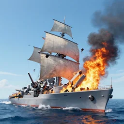 breaking apart crashing damaged and on fire mecha battleship sailing alone on a stormy sea at sunset,large waves, explosions, battletech, octane render , aerial photo, cinematic