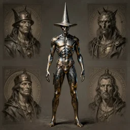 full body man with metallic skin, pointy hat, horror, highly detailed, character portrait, digital painting, artstation, concept art, matte, sharp focus, illustration, art by artgerm and greg rutkowski and michael whelan and gustave dore and alphonse mucha