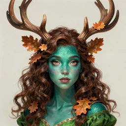 beautiful digital painting of a young woman with teal skin and antlers made from wood on her head, brown curly hair with orange oak leaves, in a green dress D&D, fantasy, intricate, beautiful eyes, cinematic lighting, highly detailed, digital painting, Artstation, concept art, smooth, sharp focus, illustration, art by Greg Rutkowski and Alphonse Mucha