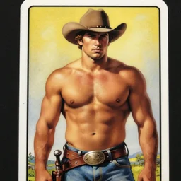 a beautiful dramatic tarot card of a gorgeous shirtless cowboy. he has a thick build dadbod and a mustache. homoerotic, art deco, art nouveau. by mark maggiori, by greg rutkowski, by alphonse mucha. trending on artstation