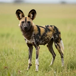 an african wild dog on the african plains, friendly, 2 legs, long grass, sparkling water, glistening, hyper realistic, hyper detailed, digital art, trending in artstation, cinematic lighting, studio quality, smooth render, unreal engine rendered, octane rendered, by paul lehr