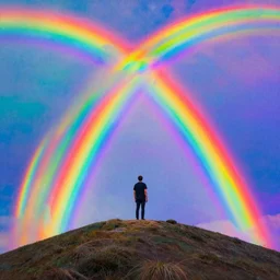 a man standing on top of a hill under a rainbow, a matte painting by Gabriel Dawe, trending on pexels, psychedelic art, iridescent, sense of awe, psychedelic