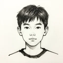 chinese boy with short hair, black ink drawing