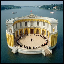 1 9 7 0 s movie still by tarkovsky of a neoclassical ballroom with yellow drapery in a lake, cinestill 8 0 0 t 3 5 mm, by magritte, by piranesi, heavy grain, high quality, high detail, isometric view