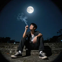 man sitting at night smoking and looking at the moon smiling, wide angle fisheye lens, lens flare, unreal engine render