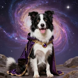 border collie dog as a mystical universe warrior, wearing a mage costume, digital art