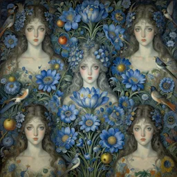 breathtaking detailed concept art painting vintage illustration pattern of goddesses of light blue flowers with anxious piercing eyes and blend of flowers and fruits and birds, by hsiao - ron cheng and beto val and john james audubon, bizarre compositions, exquisite detail, extremely moody lighting, 8 k