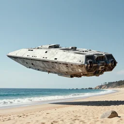 a rectangular space ship hover over a beach by h. r. giger.