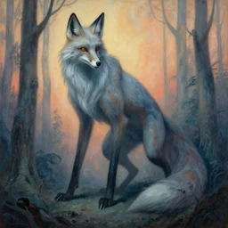 painting of eldritch giant fox striking a terrifying pose, scene inside forest, by zdzislaw beksinski, by dariusz zawadzki, by wayne barlowe, gothic, surrealism, cosmic horror, biomorphic, lovecraftian, cold hue's, warm tone gradient background, concept art, beautiful composition