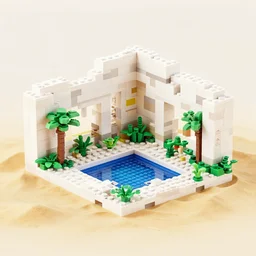 white habitat 6 7, lego architect building in the dessert, many plants and infinite pool
