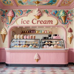 ice cream shop interior design, intricate oil painting by greg rutkowski, trending on artstation